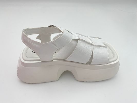 Sandalias blancas para mujeres con suela gruesa y botón de metal de cuero genuino