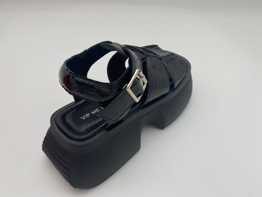 Mujeres de verano, sandalias negras de suela gruesa con botón de metal, de verdadero cuero de verano.